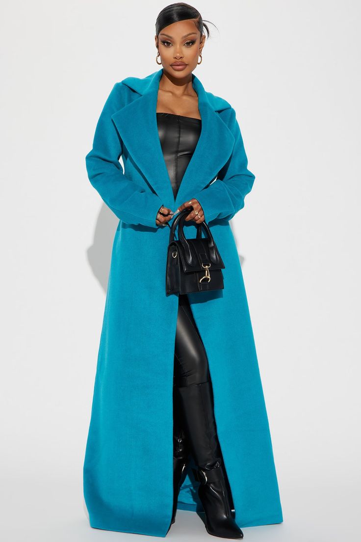 Soho Chic Coat - Turquoise | Fashion Nova Long Coats For Women, Navy Blue Coat Outfit, Blue Coat Outfit, Turquoise Fashion, Navy Blue Coat, Date Night Fashion, Coat Women Fashion, Chic Coat, Fashion Nova Outfits