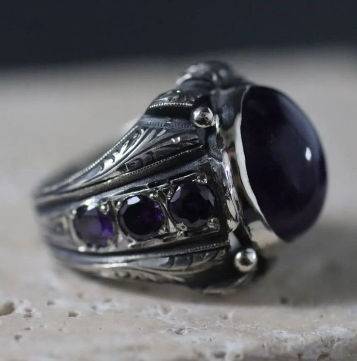 Attention : This ring is completely handmade by silver masters! Real Amethyst Stone Original Hand Engraved 925K Silver Unisex Ring  This incredible silver ring is engraved from 100% handmade natural gemstone. This shiny Amethyst gemstone ring, has a modern and vintage vibe for daily using. You can use it for daily or special days. The engraving details of pure 925 Sterling Silver Handmade Ring are very detailed and eye-catching and our product's gemstone is 100% natural. You can prefer this vint Silver Amethyst Ring With Round Accent Stones, Heirloom Amethyst Rings With Accent Stones, Silver Sterling Signet Ring With Accent Stones, Purple Amethyst Hallmarked Signet Ring, Silver Amethyst Rings With Stone Setting, Sterling Silver Amethyst Ring With Accent Stones, Luxury Silver Amethyst Ring With Accent Stones, Purple Amethyst Signet Ring With Polished Finish, Classic Handmade Amethyst Jewelry