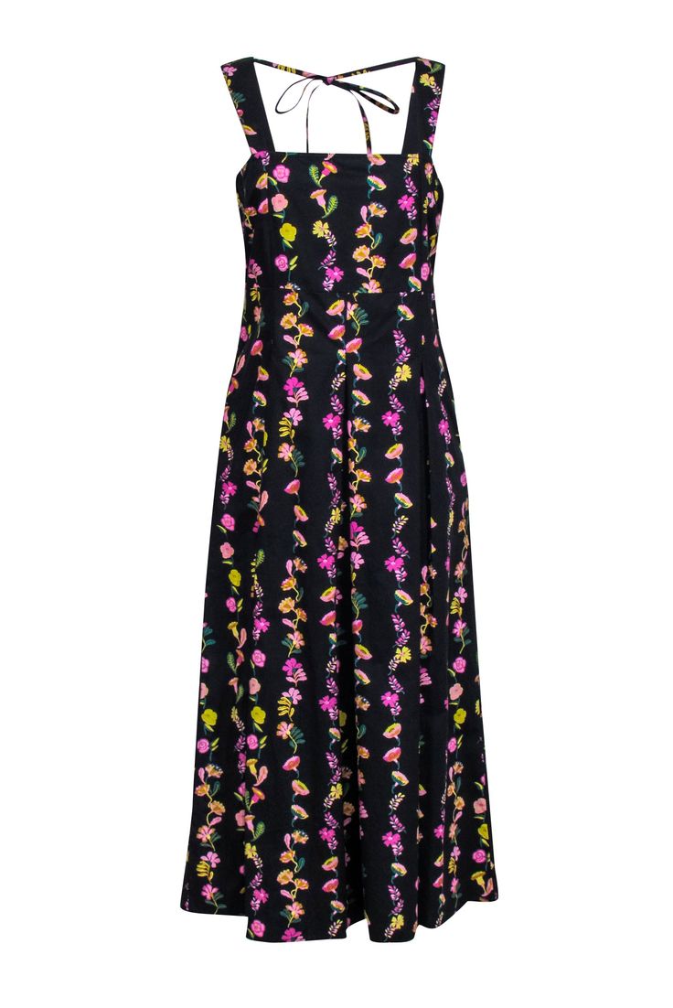 Make a stunning statement in this playful Banjanan midi dress! Crisp pleats add movement to the skirt, while the square neck and tie back detail elevate the look. Crafted from 100% cotton, this dress features a stunning floral print in pink and yellow. Perfect for brunch or vacation, style with a bright strappy heel for a fun and vibrant outfit. Size M 100% Cotton Unlined Concealed side zipper Midi length Side pockets Tie-back detail Smocked back Bust 33" Waist 40" Shoulder to hem 50" Spring A-line Midi Dress With Tie Straps, Spring Midi Dress With Spaghetti Straps And Lining, Lined Midi Dress With Spaghetti Straps For Spring, Lined Spaghetti Straps Midi Dress For Spring, Spring Sleeveless Midi Dress With Fitted Bodice, Black Sleeveless Maxi Dress With Tie Straps, Sleeveless Black Maxi Dress With Tie Straps, Summer Black Maxi Dress With Fitted Bodice, Spring Black Maxi Dress With Fitted Bodice