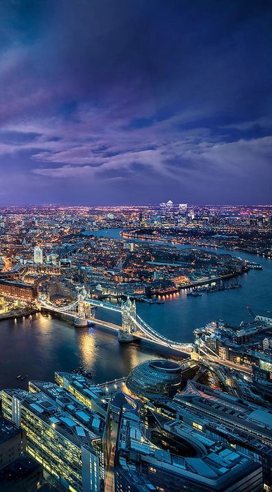 an aerial view of the london skyline at night