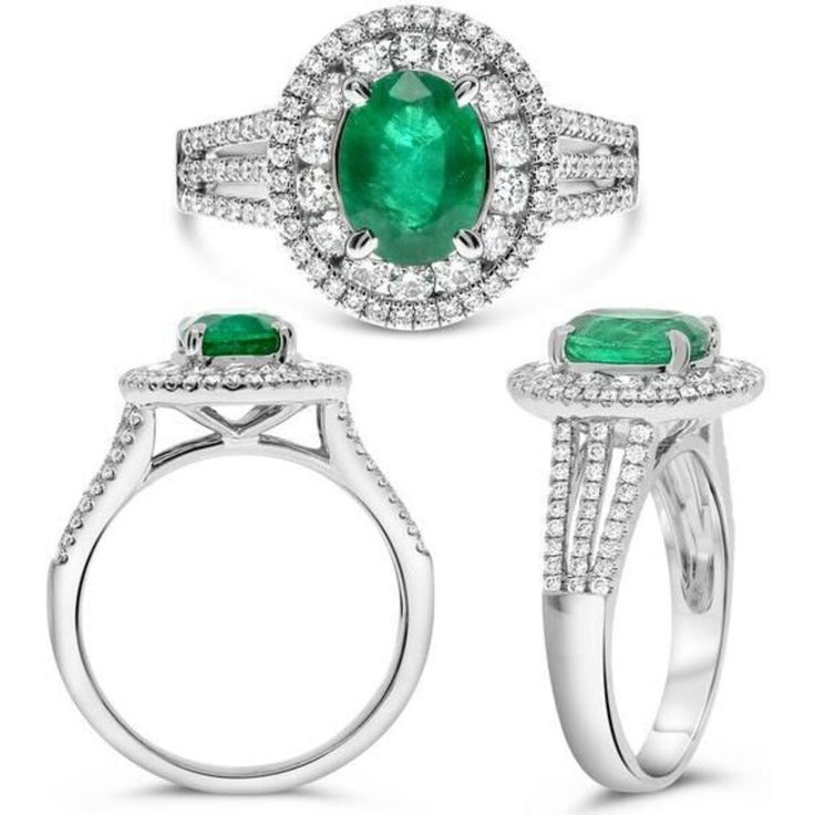 Roman & Jules 18K White Gold Oval Emerald Ring - A Tale of Elegance and Love Luxury Emerald Rings With Halo Detail, Exquisite Green Emerald Ring With Halo Setting, Oval Emerald Ring With Halo Design, Formal Green Emerald Ring With Halo Design, Green Emerald Halo Diamond Ring, Green Emerald Diamond Ring With Halo, Exquisite Oval Green Emerald Ring, Green Emerald Ring With Halo Style Fine Jewelry, Exquisite Green Oval Emerald Ring