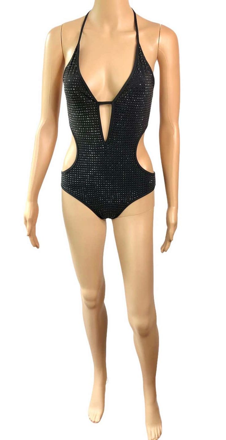 For Sale on 1stDibs - Gucci Crystal Embellished Cutout Black One Piece Bodysuit Swimsuit Swimwear Size M Excellent Condition! Gucci Swimwear For Summer, Gucci Beachwear Swimwear For Summer, Gucci Fitted Summer Swimwear, Gucci Beachwear For Summer, Black Cutout Swimwear For Evening, Glamorous Stretch Swimwear For Party, Glamorous Backless Party Swimwear, Chic Black One-piece For Party, Black Stretch One-piece For Party