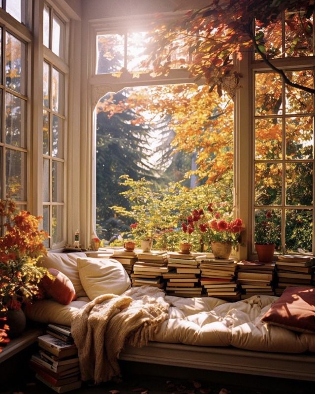 the sun shines through an open window into a room filled with books and flowers