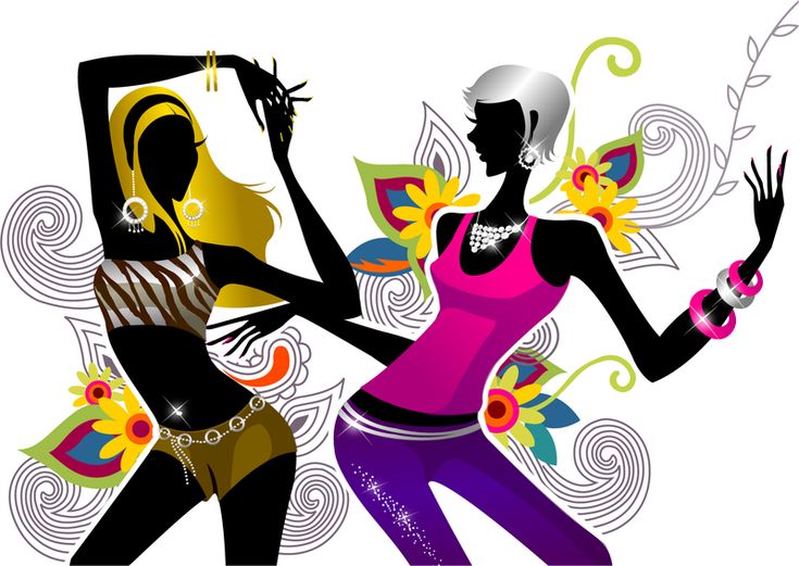 two beautiful women dancing the charleston swing dance, silhouette on white background with swirls and flowers