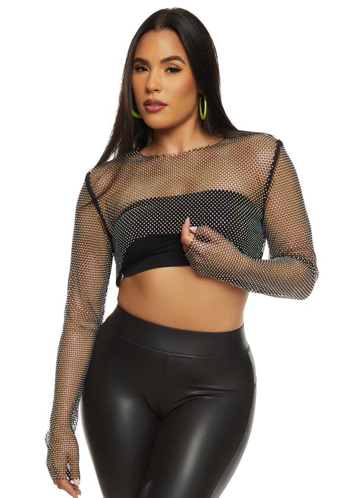 Long Sleeves, Crew Neck, Cropped Hem, Rhinestones, Sheer, Undergarments Sold Separately, Solid, Fishnet, Item Number 1401062125395 Black Fishnet Top For Club, Chic Black Crop Top With Rhinestones, Glamorous Embellished Black Mesh Top, Glamorous Black Embellished Mesh Top, Black Mesh Top With Sequins For Night Out, Black Sequined Mesh Top For Night Out, Black Fitted Crop Top With Rhinestones, Stretch Black Tops With Rhinestones, Black Party Crop Top With Rhinestones