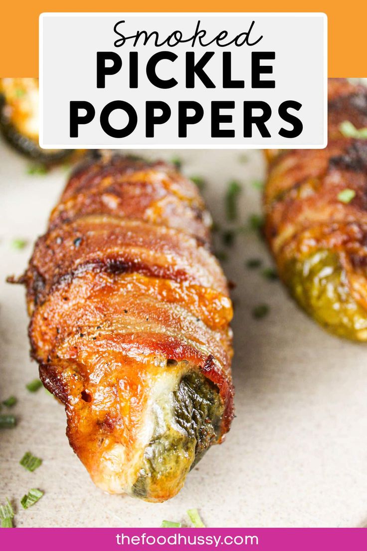 some food that is on top of a white plate with the words smoked pickle poppers