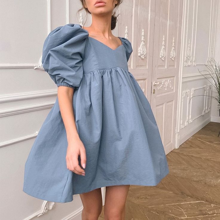 파티 드레스, Streetwear Summer, Bridal Party Dresses, Mini Robes, Solid Color Dress, Mini Dress Casual, Dress Silhouette, Puffed Sleeves Dress, Mini Dresses Summer