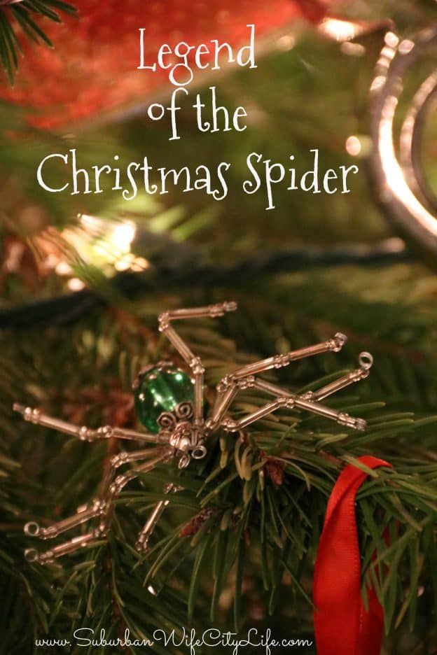 a spider ornament hanging from a christmas tree with the words legend of the christmas spider