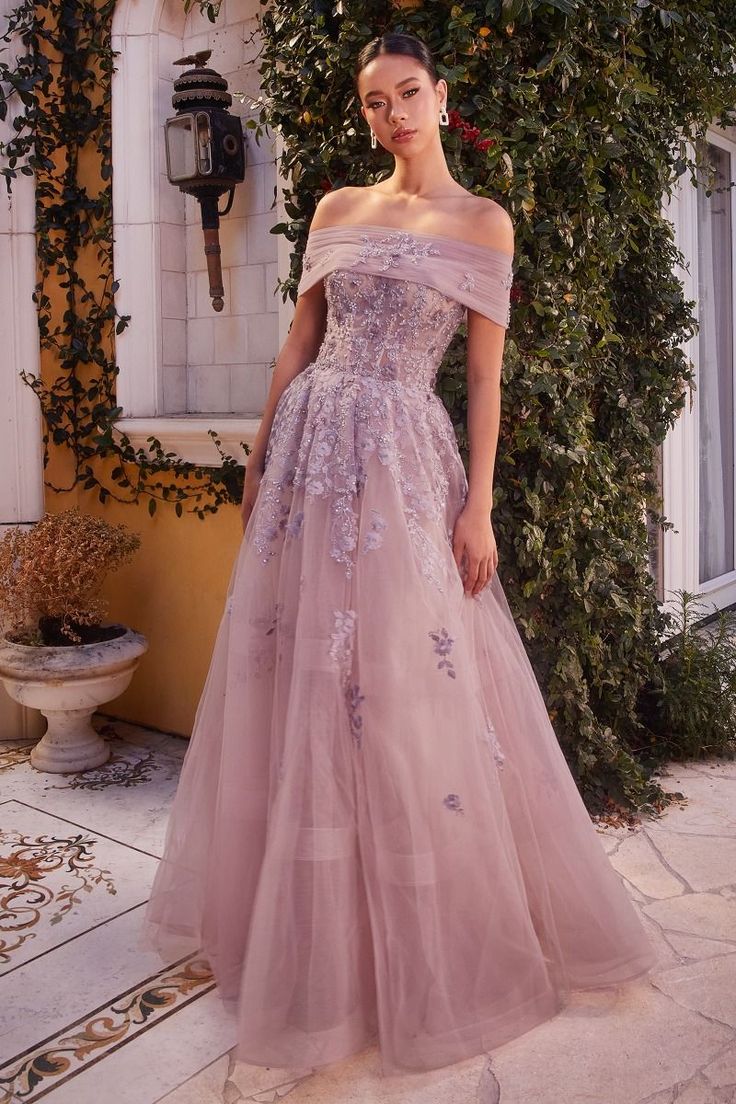 This Andrea And Leo -A1348 Floral Off Shoulder Ball Gown is the perfect combination of elegance and femininity. With a stunning off-shoulder design and a beautiful floral print, this ball gown will make you stand out at any special occasion. Made with high-quality materials, it will ensure a comfortable and flattering fit all night long. Don't miss out on this exquisite piece. Whimsical Dress Formal, Ball Gown Dresses Elegant, Boat Neck Prom Dress, Bridesmaid Dresses Tulle, Long Ball Dresses, Floor Length Evening Dress, Bridal Things, Andrea And Leo, Off Shoulder Bridesmaid Dress