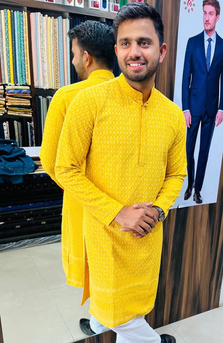 "This is a kurta pajama by Golden Attire crafted from high quality fabric and imported materials. Our products are handcrafted by experienced tailors who make sure the that the stitching is precise, lining is proper and the overall product is sturdy enough to not go out of shape for more than a few years. Also all our products have extra margins in their length, sleeves, sides so it's easily alterable if your size changes after some time. To see more available colours and designs in this collection, Check out the 'Classic kurta pajama Section. *This is a 'Classic kurta pajama *We also offer customization so we can provide you an even better fit if you massage us your measurements (in inches) of Chest, Stomach, Waist, Hip, Shoulder and Actual Height after ordering. *Want this product but in Designer Cotton Bandhgala For Diwali, Yellow Designer Wear Sherwani Straight Kurta, Cotton Bandhgala With Dabka In Traditional Drape, Traditional Cotton Kurta With Naqshi, Cotton Bandhgala With Cutdana In Straight Kurta Style, Traditional Fit Long Sleeve Kurta With Dabka, Cotton Bandhgala Straight Kurta For Transitional Season, Yellow Sherwani With Dabka Work For Designer Wear, Designer Yellow Sherwani With Dabka Work