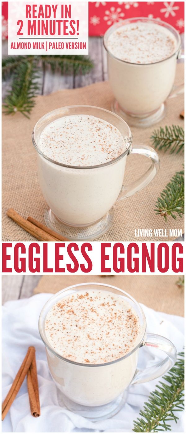 eggless eggnog recipe in two mugs with cinnamon sticks