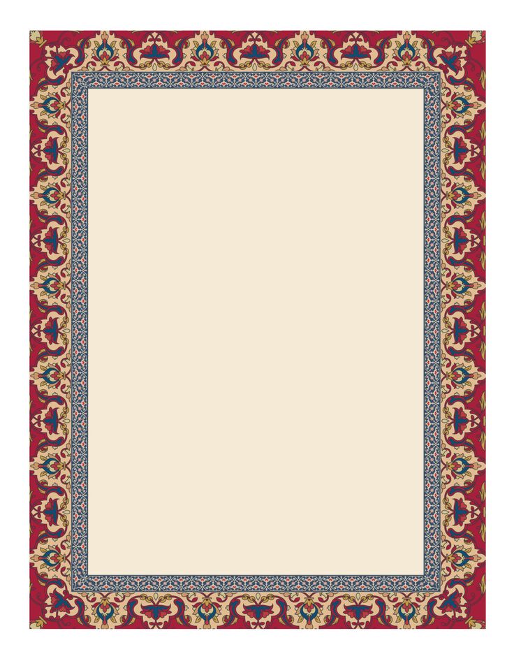 a red and blue rug with an ornate border on the bottom, in front of a white