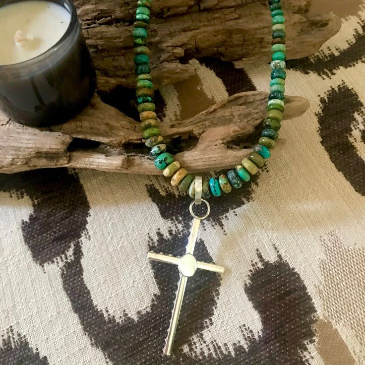 Genuine turquoise beaded necklace with handcrafted sterling silver closure 17” necklace 3” cross double sided design if you need the necklace longer just message me