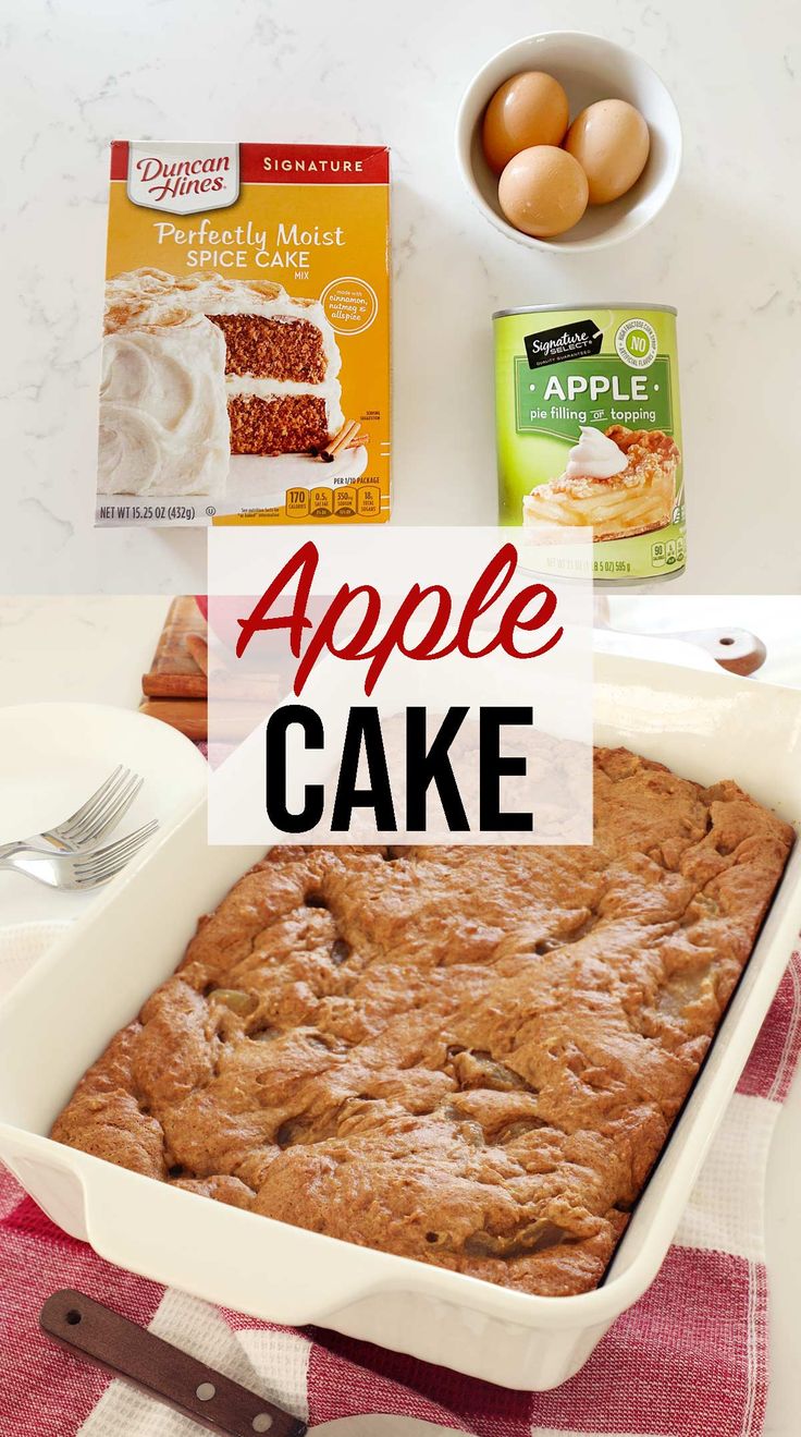 an apple cake in a baking pan with the title above it and ingredients to make it