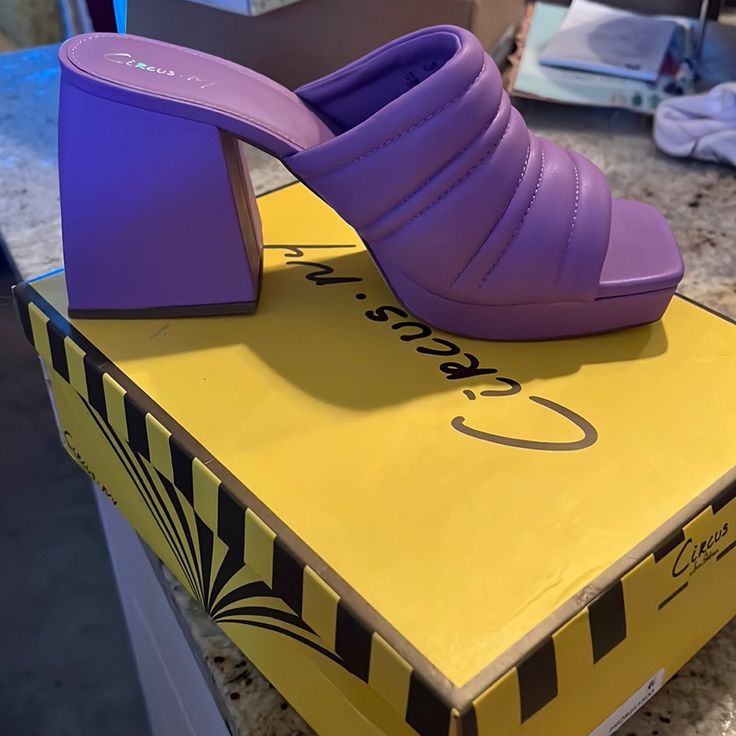 Brand New In Box Too Narrow For My Foot Sooo Cute Purple Leather Block Heels, Purple Square Toe Heels For Formal Occasions, Purple Platform Heels With Synthetic Material, Purple Leather Square Toe Heels, Purple Synthetic Platform Heels, Purple Square Toe Leather Heels, Trendy Purple Closed Toe Heels, Purple Block Heels With Stacked Heel, Purple Heels With Stacked Block Heel