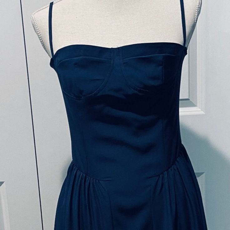 Bustier Navy Sundress - Size Medium- Full Skirt, Spaghetti Adjustable Bra Straps, Bra Like Top, Two Side Hidden Pockets, Mid Calf Length, Hidden Back Zipper Closure, Polyester And Spandex Blend, Bust 34", Waist 30", Length 43" Top Of Bust To Hem - New Never Worn - In Packaging Navy Sundress, Nyc Dresses, Adjustable Bra, Bustier Dress, Bra Straps, Full Skirt, Mid Calf, Sundress, Spaghetti