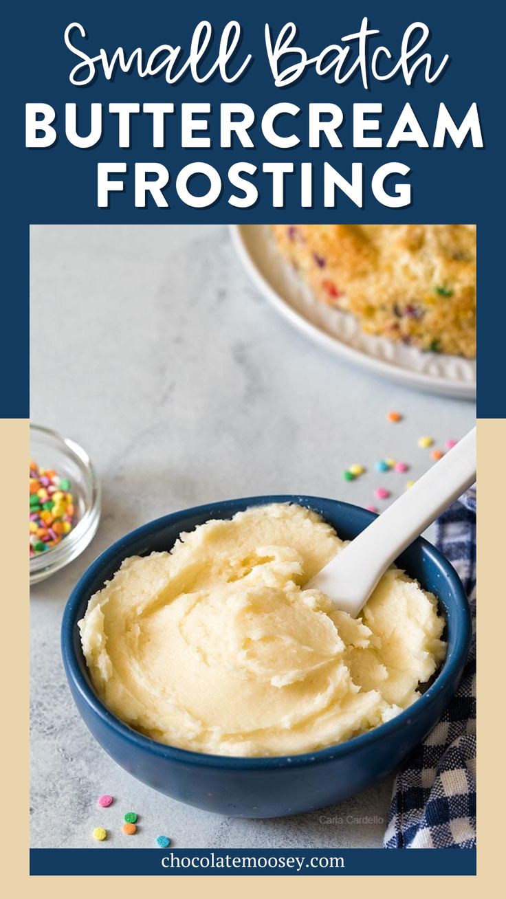 small batch buttercream frosting in a blue bowl