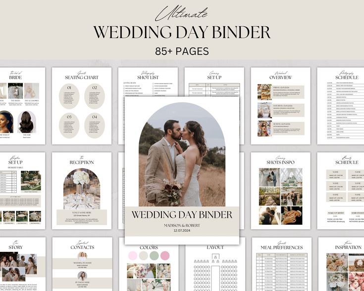 the wedding day binder is shown with photos and text on it's side