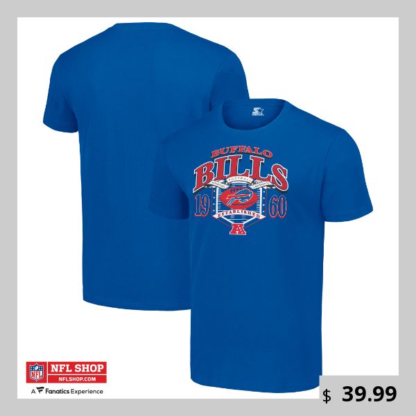 Channel the retro vibes of the Buffalo Bills with this '80s Inspired T-Shirt from Starter. This throwback-style tee features the team name, logo and founding year printed in a design inspired by the '80s for a vintage look that celebrates the Buffalo Bills. Made with 100% cotton, this shirt offers a soft, comfortable feel that's perfect for everyday wear. Throwback Cotton T-shirt With Team Logo, Throwback Graphic Print Tops For Football Season, Throwback Graphic Print Fan Gear Top, Throwback T-shirt With Logo Print For Game Day, Throwback Crew Neck T-shirt For Fan Gear, Throwback Team Name T-shirt For Fan Gear, Football Season Fan Merchandise T-shirt With Logo Print, Throwback Tops With Team Logo For Fans, Retro Team Name T-shirt For Streetwear