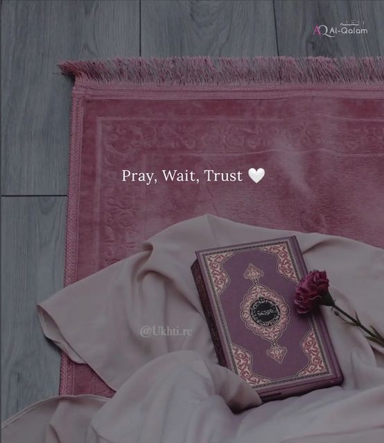 an open book on top of a pink blanket next to a purple rose with the words pray, wait, trust