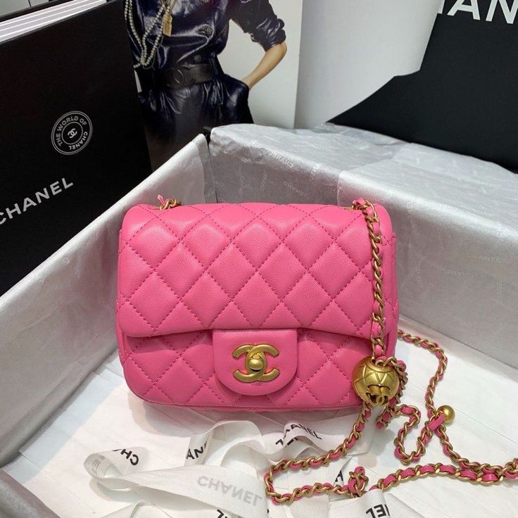 ChanelMini Flap Bag With ChanelBall On Strap PiNike For Women Chanel Mini Flap Bag, Chanel Mini, Evening Clutch Bag, Classic Flap, Color Rosa, Tote Backpack, Chanel Handbags, Flap Bag, Bag Straps