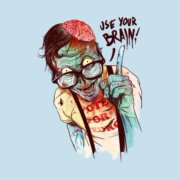 a drawing of a man with glasses and a brain on his head holding a knife