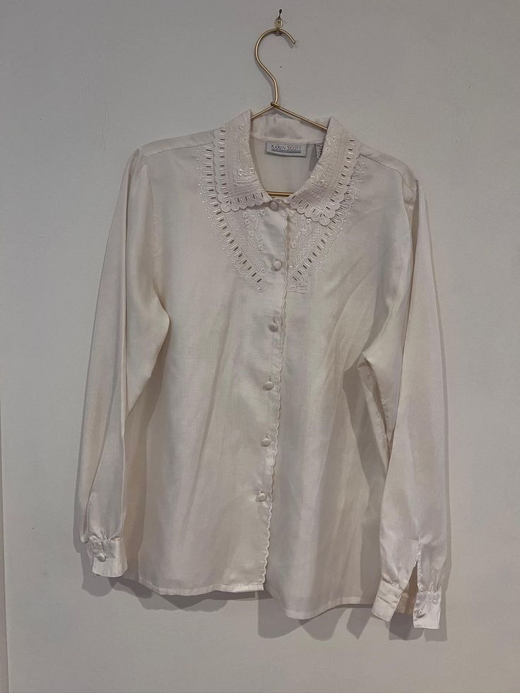 Karen Scott  Vintage blouse  Collar  White  Good vintage condition stain as shown  Cottage core Size 8 Polyester  Winter/ spring / summer / fall  Business/ work/ casual/ school / party Formal Shirt With Floral Embroidery For Spring, Spring Formal Embroidered Shirt, Casual Blouse With Floral Embroidery Collar, Classic Embroidered Tops For Fall, Embroidered Collared Tops For Formal Occasions, Classic Embroidered Summer Shirt, Casual Embroidered Blouse For Work, Casual Embroidered Collar Blouse, Classic Floral Embroidered Tops For Work