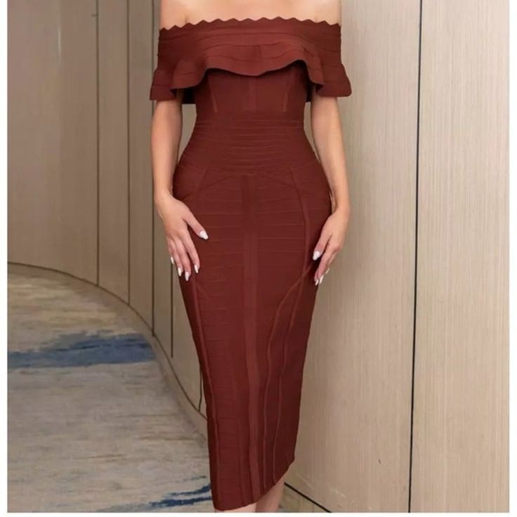 * Bandage Dress * Retail $388 * New With Store Tags * Gorgeous Stretch Bandage Fabric * 95% Polyester, 5% Elastane * Zips Up The Back * Perfect For Year Round Wear Small/Medium Bust 31”-38” Waist 26”-34” Hips 34”-42” Length 41” From Top Of Bust Fitted Brown Midi Dress, Brown Midi-length Bodycon Dress For Evening, Brown Midi Length Bodycon Dress For Evening, Elegant Brown Bodycon Dress For Date Night, Fitted Brown Off-shoulder Dress, Brown Fitted Off-shoulder Dress, Brown Off-shoulder Evening Dress, Elegant Brown Midi Bodycon Dress, Elegant Brown Midi Dress For Cocktail