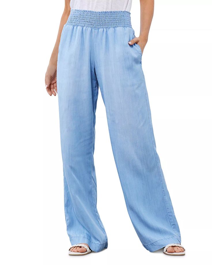 Bella Dahl - Smocked Waist Wide Leg Pants Chic Summer Pull-on Style Pants, Spring Wide Leg Pants With Gathered Waist, Summer Pants With Gathered Waist And Loose Hips, Summer Pants With Gathered Waist And Loosely Fitted Hips, Chic Bottoms With Gathered Waist For Spring, Versatile Rayon Bottoms With Pockets, Casual High Waist Wide Leg Rayon Pants, High Waist Rayon Wide Leg Pants For Summer, High Waist Rayon Bottoms With Relaxed Fit