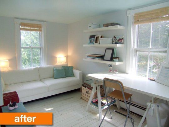 a living room filled with white furniture and lots of window sill next to a desk