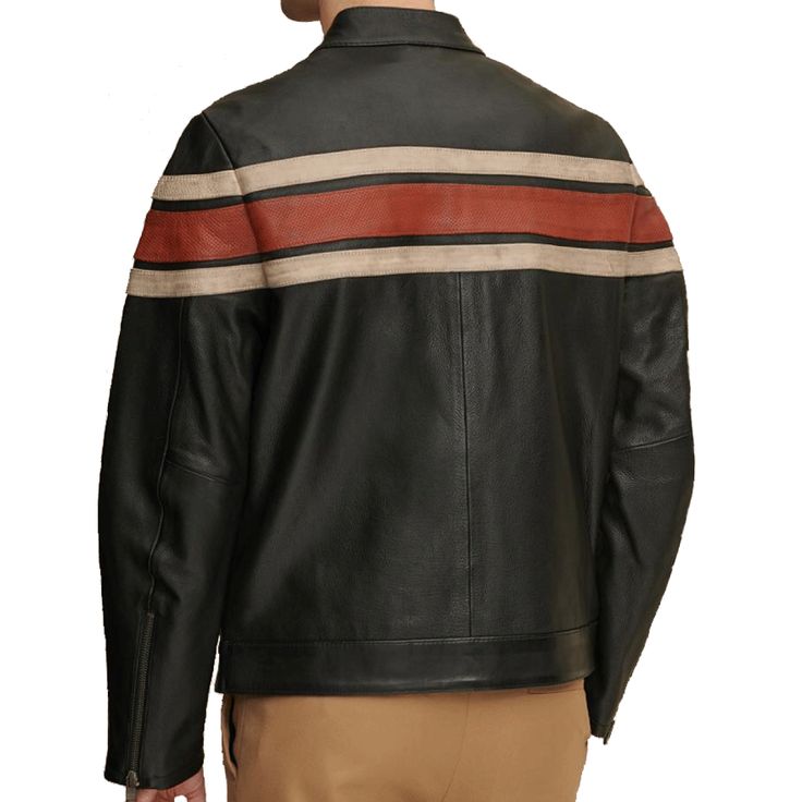 This genuine leather jacket with stripes perfectly combines classic vintage style and modern design. Red and white stripes add a sporty and retro touch to the unique style of this leather jacket. The textured finish of this jacket ensures luxury and durability. This rugged leather jacket features a snap-tab collar with two metal snaps, adding a touch of functionality. It also has two zipper pockets on the waist and a zip closure on the front. This means this real leather biker jacket is perfect Sporty Leather Jacket With Long Sleeves, Sporty Leather Biker Jacket, Classic Vintage Style, Rugged Leather, Lambskin Leather Jacket, Black Retro, Genuine Leather Jackets, Leather Biker Jacket, Red And White Stripes