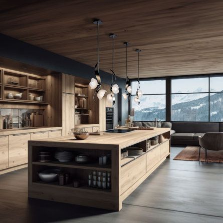 a large kitchen with wooden cabinets and lots of counter space in front of a window