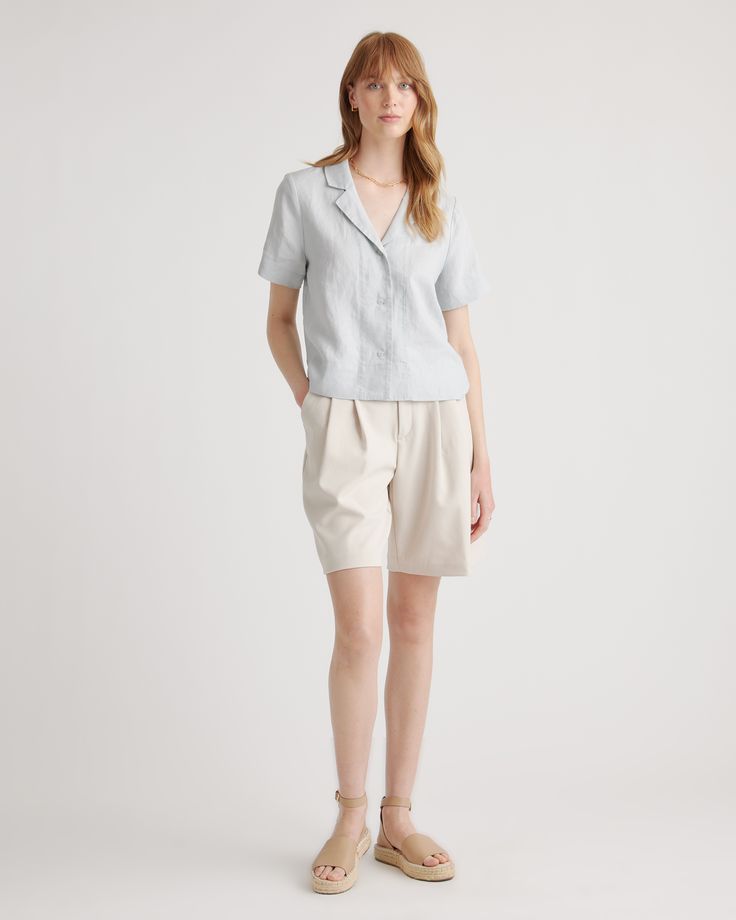 A year-round linen short-sleeve shirt? Yes, please. This button down linen shirt has a collar for an elevated look, is lightweight and made from organic materials. Its airy construction makes it perfect for basically occassion. Especially with the matching linen pants.  | Quince | Women's Short Sleeve Shirt in Mist, Size Medium, Linen Classic Blouses, Linen Tank, Short Sleeve Shirt Women, Linen Short, European Linens, Linen Blouse, Silk Skirt, Linen Shorts, Linen Clothes