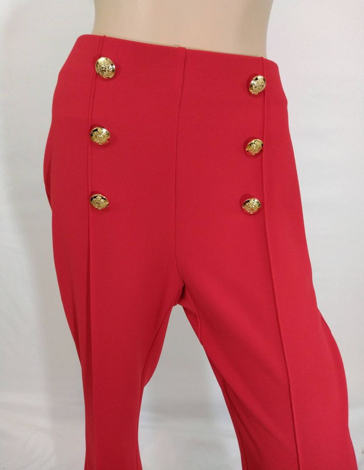 "Women's Red Pants  PERFECT LIKE NEW Vintage Size 8 by NYCC Beautiful design, easy to wear.  Fitted high waist elastic waist SAILOR STYLE pant with double rows of GOLD ROYAL BUTTONS, front pleats, flare leg pant, stretchy high quality fabric. Like New condition. Easy to wear casual chic vintage for the disco sporting life. MEASUREMENTS: Length -  43.5\" Inseam - 31.5\" Waist  - 30\"  Hips - 38\"  MODEL STATS: Ht. - 5' 8.5\" Bust - 34\" Waist - 25\" Hips - 35\" *Please check measurements to ensure proper fit and remember to allow extra room for movement.  You can compare these with something in your closet that fits you well.  We take great care to measure each piece. **Please note the color differences, color/contrast vary with computers." Red High Waist Bottoms With Button Closure, Red High-waist Bottoms With Button Closure, Red Buttoned Bottoms For Work, Red Palazzo Pants, Carrie White, Beaded Fashion, Sailor Style, Style Pant, Sailor Pants