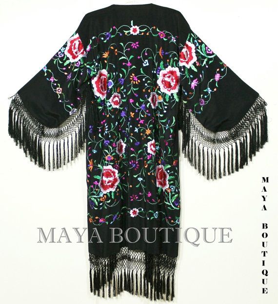 Embroidered Silk Fringe Jacket Flamenco Kimono by BoutiqueMaya Black Long Outerwear For Festivals, Long Black Outerwear For Festival, Traditional Black Outerwear With Floral Embroidery, Black Fitted Long Kimono, Fitted Long Black Kimono, Black Long Embroidered Outerwear, Long Black Embroidered Outerwear, Black Outerwear With Kimono Sleeves For Spring, Spring Black Tasseled Outerwear