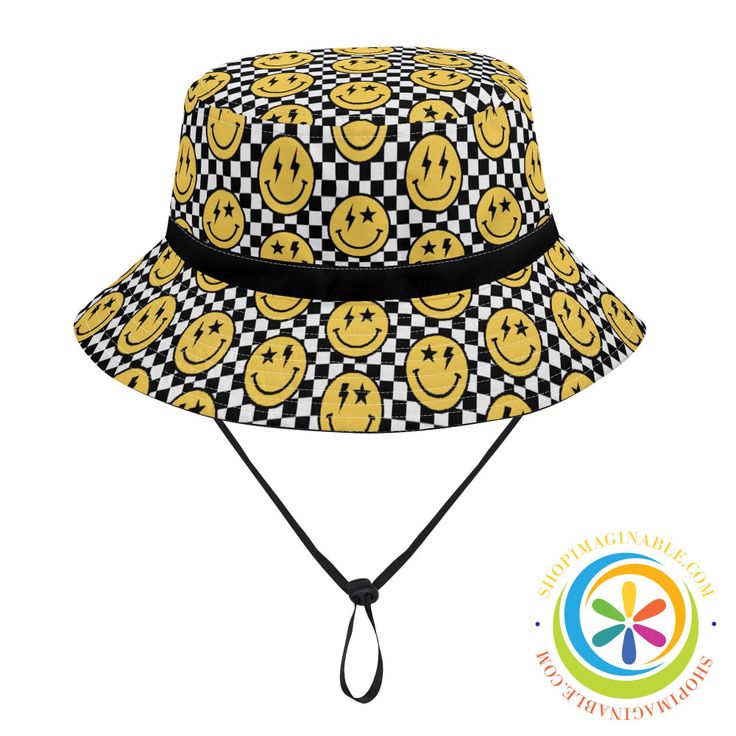 Happy Face Bucket Hat-ShopImaginable.com Adjustable Funky Bucket Hat, Fun Summer Streetwear Hats, Trendy Multicolor Flat Brim Sun Hat, Casual Smiley Face Hat With Curved Brim, Trendy Yellow Bucket Hat For Spring, Fun Adjustable Wide Brim Bucket Hat, Trendy Adjustable Flat Brim Bucket Hat, Black Retro Bucket Hat For Summer, Trendy Festival Bucket Hat With Flat Brim