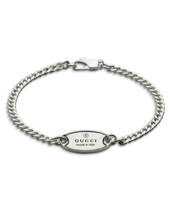 Gucci Sterling Silver Trademark Link Bracelet Classic Gucci Bangle Bracelets, Modern Gucci Sterling Silver Jewelry, Elegant Jewelry With Silver-tone Logo Plaque As Gift, Classic Gucci Jewelry With Silver-tone Logo Plaque, Gucci Sterling Silver Bracelet, Engraved White Gold Gucci Jewelry, Luxury Gucci Chain Bracelet As Gift, Luxury Gucci Chain Bracelet, Elegant Engraved Gucci Jewelry