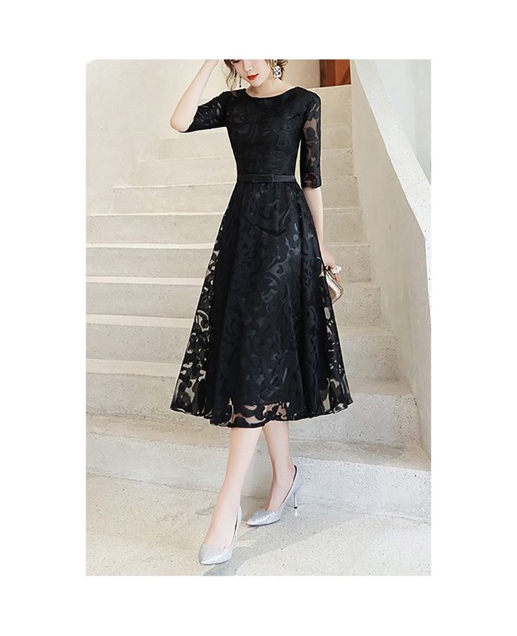 Buy modest lace half sleeve party dress tea length at cheap price online. Free stable shipping and pro custom service since 2009. Black Tea Length Dress, Dress Tea Length, Winter Wedding Guest Dress, Tea Length Wedding, Trendy Dress Outfits, Black Dress Formal, Pretty Prom Dresses, Grad Dresses, Tea Length Dresses