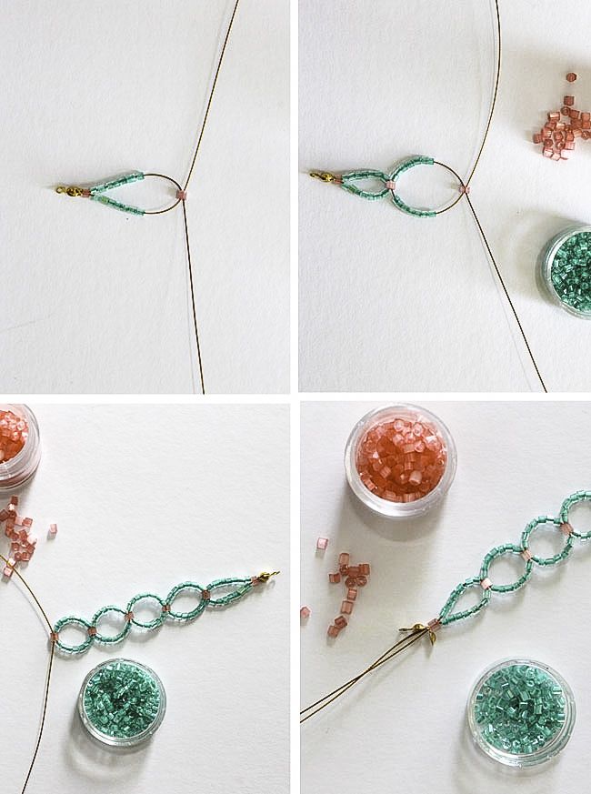 four pictures showing how to make bead chain bracelets with beads and thread on them