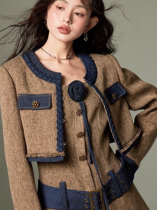 Material: Polyester100%・Polyester79% Viscose18.8% Spandex2.2% Size: SML Model: 170cm/49kg Wears size M Jacket Length Bust Shoulder Sleeve Cuff S 38cm 92cm 39cm 59cm 27cm M 39cm 96cm 40cm 60cm 28cm L 40cm 100cm 41cm 61cm 29cm Skirt Length Bust Waist S 80cm 84cm 68cm M 83cm 88cm 72cm L 86cm 92cm 76cm Tweed Shorts, Brown Skirts, Slip Skirt, Pink Skirt, Short Jacket, Tweed Jacket, Womens Maxi Dresses, Fur Jacket, Skirt Length