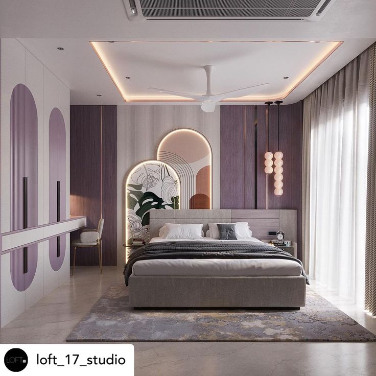 a modern bedroom with purple accents and white walls