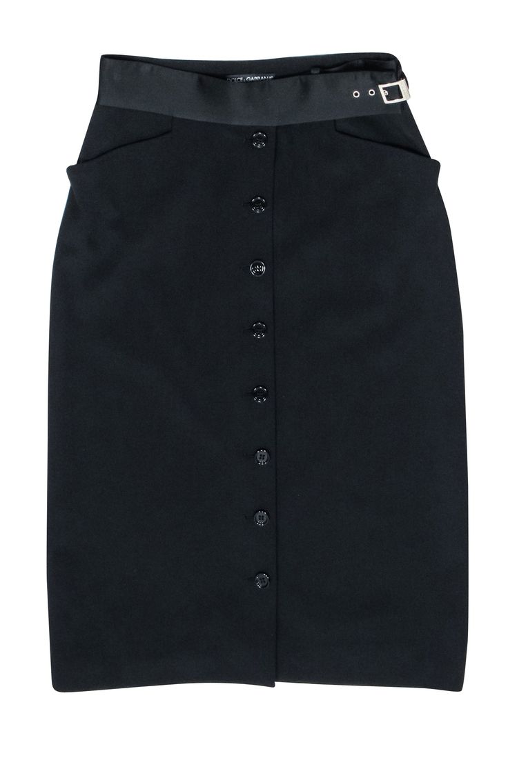 Current Boutique-Dolce & Gabbana - Black Button Front Pencil Skirt Sz 6 Classic Black Knee-length Pencil Skirt, Fitted Black Button-up Bottoms, Classic Black Skirt For Workwear, Chic Workwear Skirt With Buttons, Elegant Mini Skirt With Buttons, Formal Black Pencil Skirt, Chic Buttoned Skirt For Workwear, Fitted Mini Skirt With Snap Buttons, Elegant Knee-length Skirt With Buttons