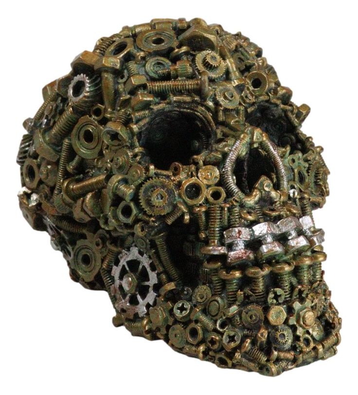 a close up of a skull made out of gears