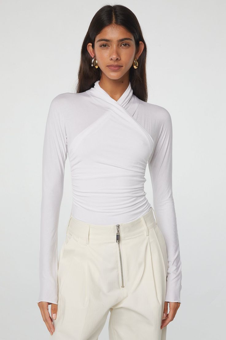 Felix Top - White | The Line by K The Line By K, Line By K, White Wrap Top, White Top Women, Tie Front Cardigan, Sheer Top, Wrap Top, High Neckline, Retro Dress