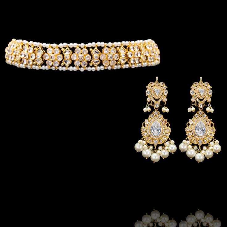 When beauty meets elegance the result is exceptional! Relish the fascinating beauty of zircons and demonstrate a perfect blend of charm and subtle grace with a classy addition of pearl moti detailing merging in modern fashion with CZ stones adding an undoubtedly flawless appeal. The set includes a choker and a pair of earrings. Approximate big earrings length is 4" and approximate small earrings length is 2.3". Gold-plated on high-quality brass as the base metal. Made by order. Kindly allow 5-7 Elegant Pearl Embellished Chandbali Jewelry, Elegant Chandbali Pearl Embellished Jewelry, Elegant Kundan Bridal Earrings With Stone Work, Elegant Stone Work Bridal Earrings For Reception, Elegant Bridal Earrings With Stone Work And Pearl, Elegant Pearl Bridal Earrings With Stone Work, Elegant Bridal Earrings With Stone Work For Reception, Elegant Bridal Earrings With Stone Work In Cubic Zirconia, Elegant Kundan Pearl Earrings With Stone Work