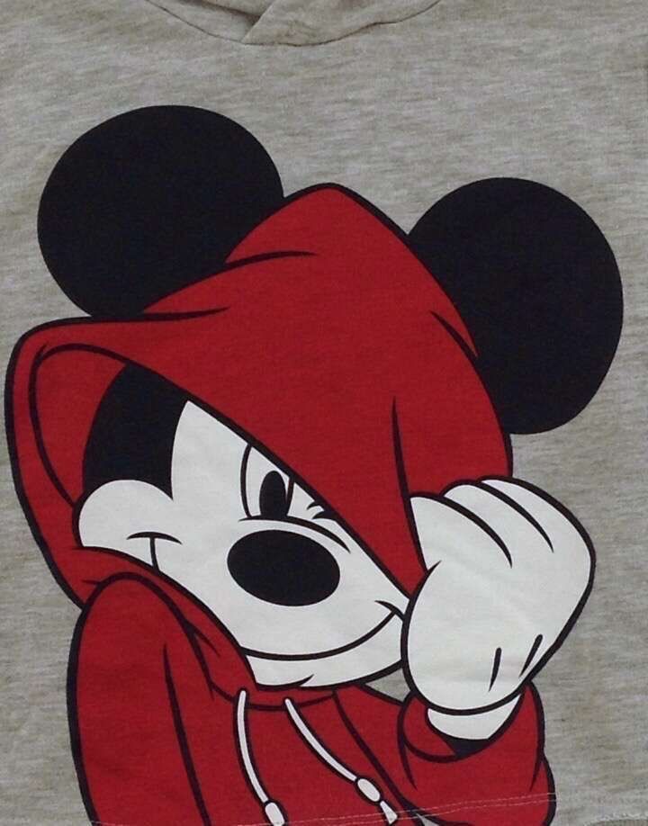 a mickey mouse hoodie is shown in red and white with black ears on it