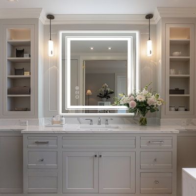 a bathroom with two sinks and a large mirror over the sink, surrounded by built - in shelving