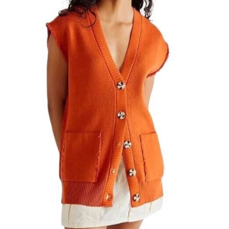 This Vest By Free People Features A V-Neckline, Front Button Closure, Font Patch Pockets, Drop Shoulder Styling, Frayed Raw-Cut Cuffs, Midweight Knit Fabric, And An Oversized Slouchy Silhouette. Style: Oakleigh Color: Myrrh Size: Medium Brand New With Tags Same Or Next Day Shipping V-neck Outerwear For Daywear In Fall, V-neck Cardigan With Buttons For Day Out, V-neck Outerwear With Pockets For Summer, V-neck Summer Outerwear With Pockets, Summer V-neck Outerwear With Pockets, V-neck Outerwear With Pockets For Spring, Trendy V-neck Cardigan For Daywear, Chic V-neck Outerwear With Buttons, Trendy Summer Cardigan With Pockets