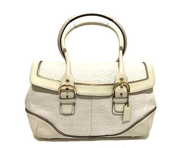 NEW COACH SOHO LG EXPANDABLE MINI SIGNATURE WHITE C FLAP SATCHEL TOTE BAG PURSE White Designer Handheld Satchel, Designer White Satchel With Top Carry Handle, Designer Cream Satchel With Handles, Coach Cream Rectangular Satchel, Coach Rectangular Cream Satchel, Rectangular Cream Coach Satchel, Designer White Satchel With Adjustable Strap, Designer White Satchel Shoulder Bag, Designer White Satchel For Everyday Use