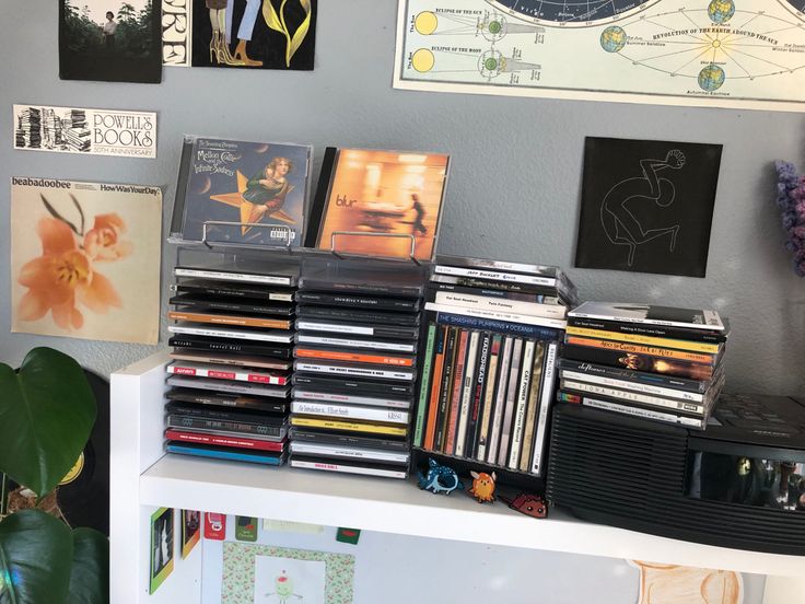 there are many cds on the shelf in this room and it's all stacked up